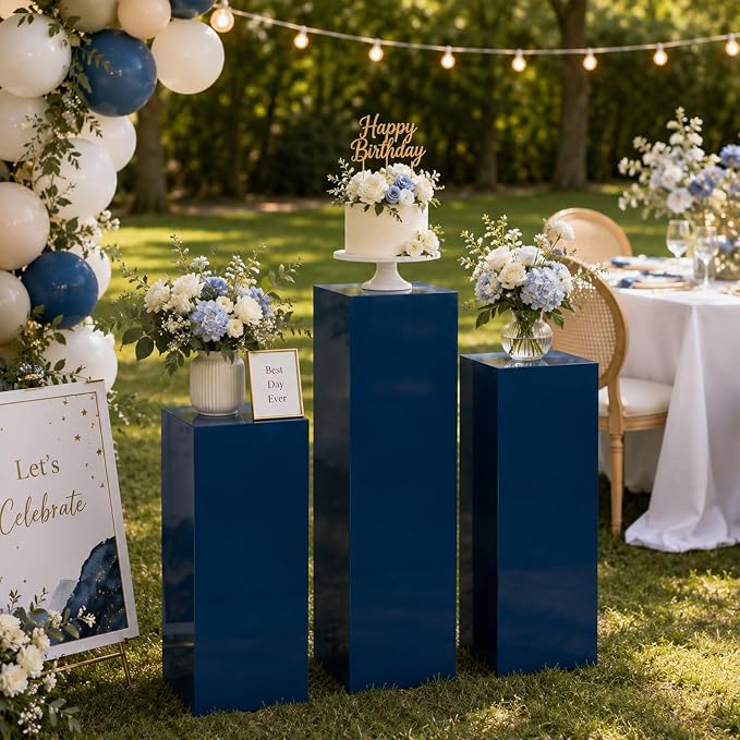 SwallowLiving 3PCS Metal Blue Display Pedestal Stand for Parties, Square Tall Pedestal Cake Stands Pillars for Wedding, Sculpture Display Stand Column Decoration