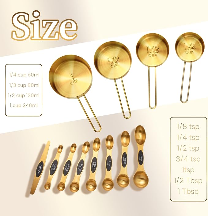 Gold Measuring Cups and Spoons Set of 12，8 Magnetic Measuring Spoons set with Leveler，4 Premium Stainless Steel Gold Measuring Cups，Measuring for Dry & Liquid Cooking Baking for Kitchen