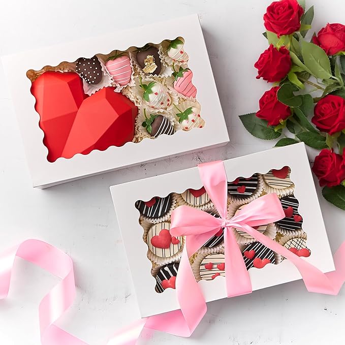 Kucoele Bakery Boxes with Window, 12x8x2.5 Inches, 20 PCS, White | Auto-Popup, Pastry Boxes, Treat Boxes, For Chocolate Covered Strawberries, Cookies, Muffins, Donuts, Breakable Hearts