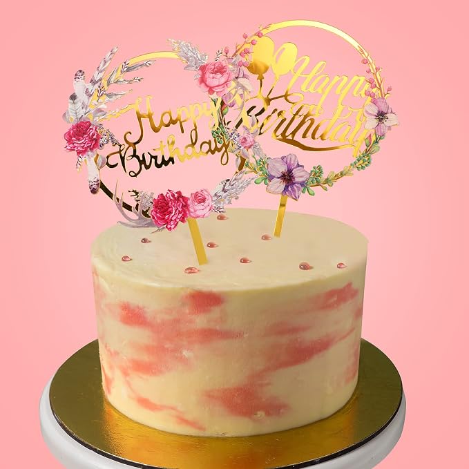 Jetec 6 Pieces Happy Birthday Cake Toppers Gold Flower Acrylic Cupcake Cake Toppers for Various Birthday Party Anniversary Pastries Decorations