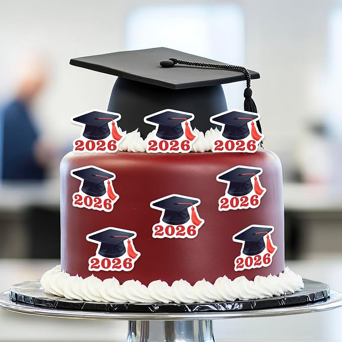 42pcs Edible Graduation Cap Cupcake Toppers Wafer Paper Red Class of 2026 Cake Decorations Edible Grad Cap Cupcake Picks for 2026 Graduation Theme Party Cake Decor Supplies