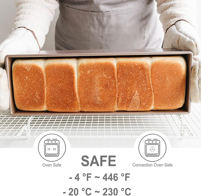 CHEFMADE Commercial Pullman Loaf Pan with Lid, 2.6Lb Dough Capacity Non-stick Rectangle Flat Toast Box for Oven Baking 5.2" x 15.2"x 4.9" Dishwasher Safe (Champagne Gold)