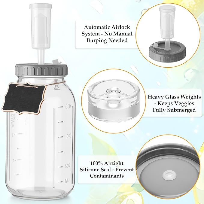 Mifoci 4 Pack Fermentation Jar Kit 64 oz Mason Glass Fermenting Jars with Fermenting Lids Airlock Lids Glass Weights Airlocks Silicone Rings for Easy Making and Storing Pickles Sauerkraut Kimchi