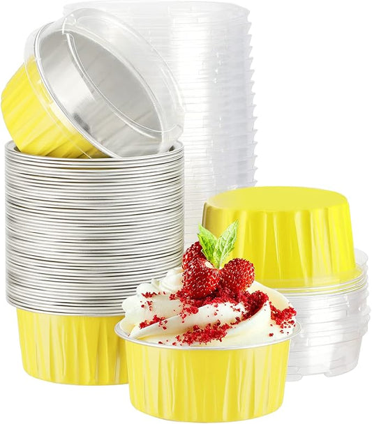 EUSOAR Disposable Ramekins with Lids, 50pcs 5oz Aluminum Foil Baking Cups Foil Creme Brulee Pans Muffin Liners, Oven Safe Dessert Containers Cupcake Holders Pans Yellow