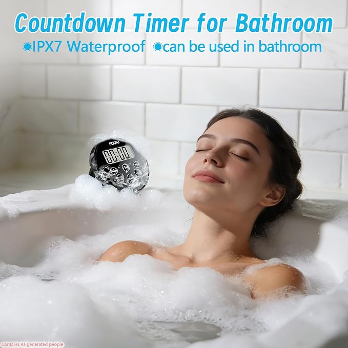 Digital Waterproof Shower Clock Timer, Bathroom Shower Countdown Timer with Alarm, Magnetic Back, Stand for Kitchen Cooking Dark Black