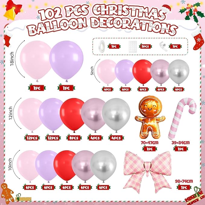 Christmas Balloon Arch Kit, Red Pink Purple Metallic Silver Balloons with Gingerbread-Style Foil,Bow Foil,Pink Candy Cane Balloons for Girl Birthday Party Decorations Baby Shower Backdrop