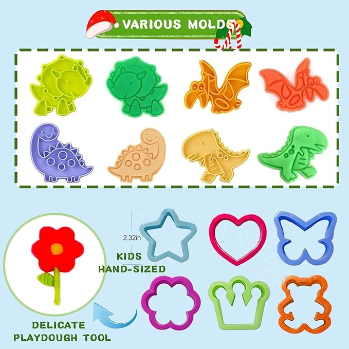 Dough Tools Play for Kids-Dough Accessories Molds Dinosaur Fruit Roller Cutter Scissor and Storage Box, Party Favors Set for Age 3+
