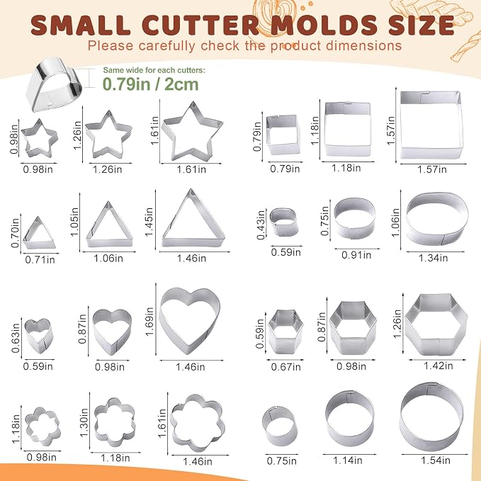 ofone Small Cookie Cutters Geometric Shapes Set, 24 Mini Fondant Cutter - Star Heart Flower Square Triangle Oval Circle Hexagon, Tiny Stainless Steel Biscuit Molds for Baking Dough Pastry Clay Fruit