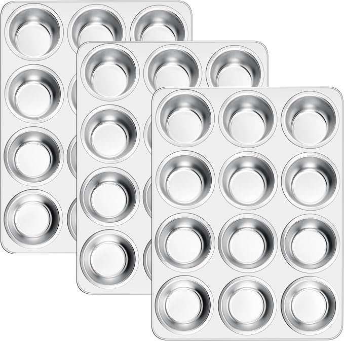 E-far 12-Cup Muffin Pan Set of 3, Stainless Steel Cupcake Pan Tins, Non-Toxic Metal Cupcake Tray for Baking Small Muffin Cakes, Heavy Duty & Regular Size, Rust Free & Dishwasher Safe