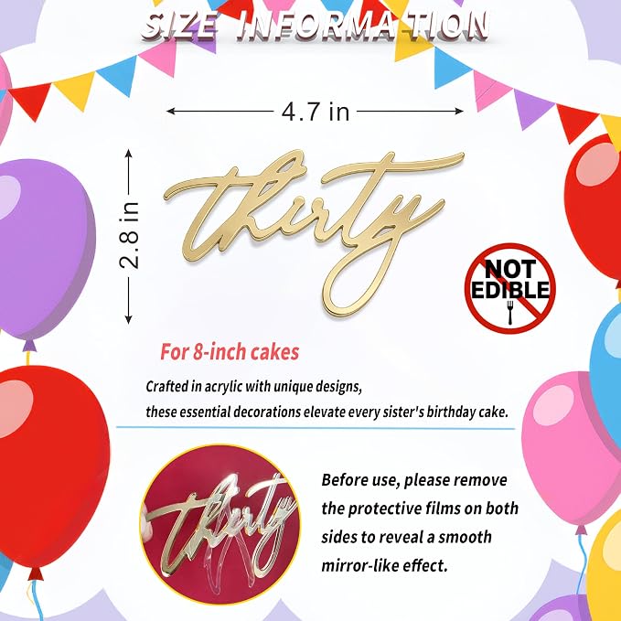 30th Birthday Cake Topper – Acrylic "Thirty" Cake Charm for Milestone Birthday, Dirty 30 Party Decorations for Him & Her (thirty golden)