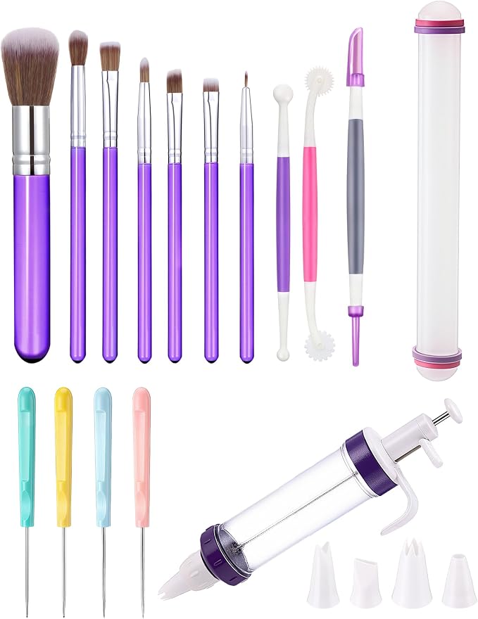 Tatuo 16 Pcs Cake Decorating Tool Set Include Dessert Decorating Syringe Cookie Decoration Brushes Sugar Stir Needle Scriber Fondant Paste Tool Rolling Pin for Cookie Cake Supplies