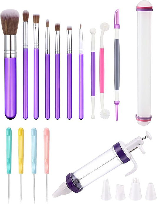 Tatuo 16 Pcs Cake Decorating Tool Set Include Dessert Decorating Syringe Cookie Decoration Brushes Sugar Stir Needle Scriber Fondant Paste Tool Rolling Pin for Cookie Cake Supplies