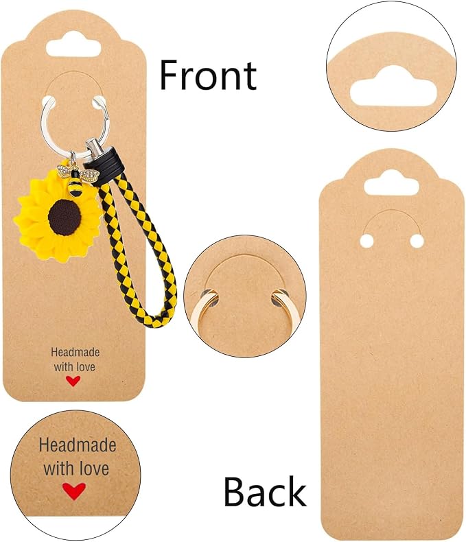 100PCS Keychain Display Cards,2.16'' x 6'' Handmade with Love Kraft Paper Jewelry Cards for Small Business Selling