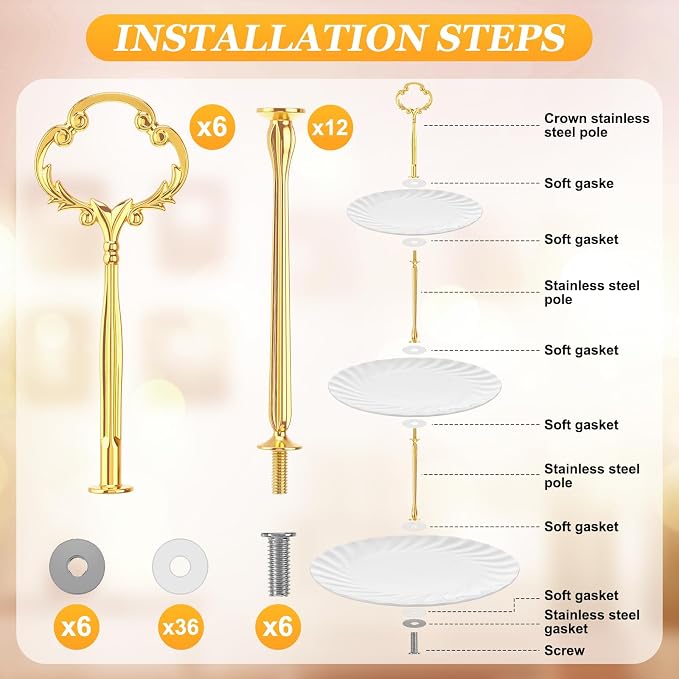 Patelai 6 Sets 3 Tier Cake Stand Hardware Tiered Tray Plate Hardware Kit Heavy Metal Cake Fruit Food Plate Stand Fitting Stacking Kit for Serving Dessert Cupcake Dish (Sun Flower,Gold)