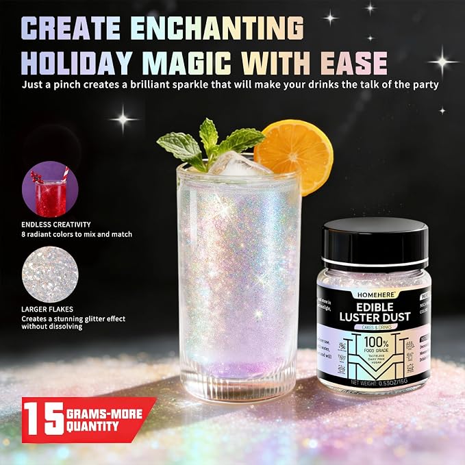 HomeHere Edible Luster Dust Food-Grade Glimmer Powder Glitter for Cake Decorating 15g, Edible Sprinkle Glitter for Cocktails Drinks Baking Candy Dessert Chocolate Vegan Tasteless