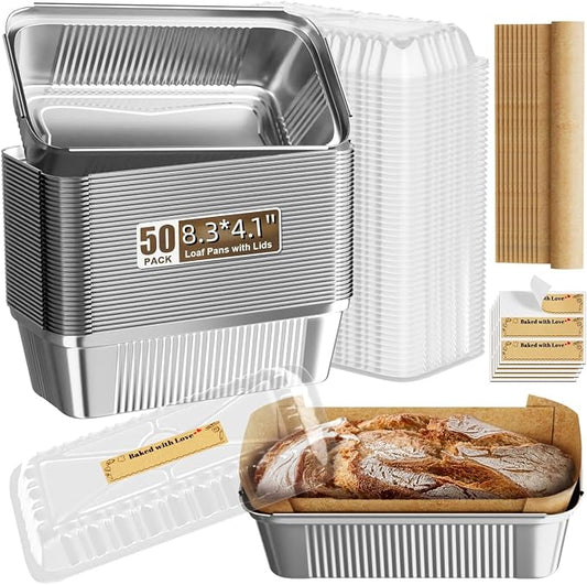 Gyreuni 50 Pack Aluminum Loaf Pans with Lids Stickers and Parchment Paper Sheets,2.4Lb Heavy Duty Aluminum Foil Premium Bread Tins - 8.3" X 4.1" X 2.2" Disposable Baking Pans
