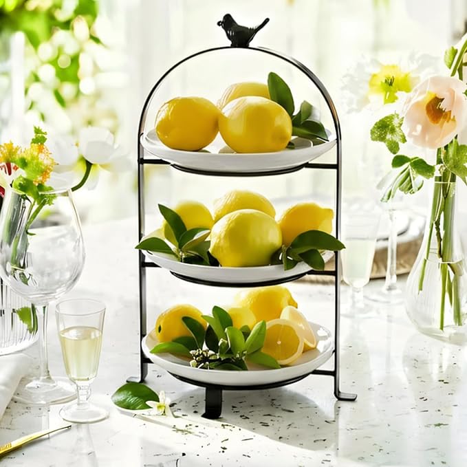 SparkWorks 3 Tiered Cake Stand, Tea Party Serving Platter, Dessert and Cupcake Stand, Metal Tiered Serving Stand Includes Three Premium White Stoneware Plates
