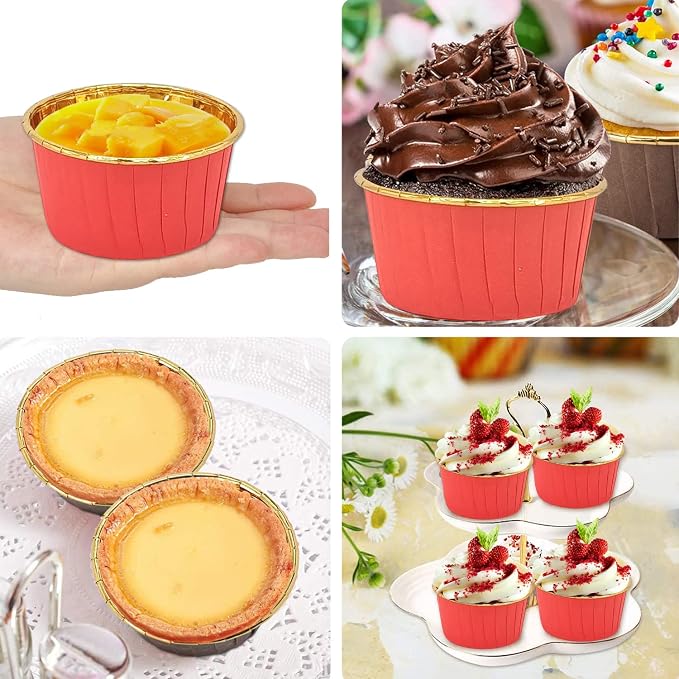 Large Cupcake Liners Baking Cups 50 Pack,LNYZQUS 5oz Foil Muffin Cups Muffin Tins,Disposable Ramekins Tins with Lids and Spoons,Cupcake Wrappers Holders for Wedding Bakery-Red in gold