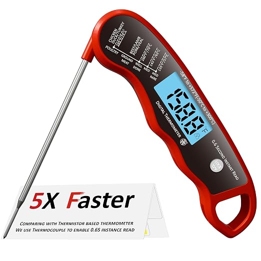 0.6S Instant Read Digital Meat Thermometer Pen for Outdoor BBQ, Grilling, Smoking, Oven Baking, Oil, Candy with Factory-Calibrated Waterproof Magnetic Backlit Flip Display, Motion Sensor.