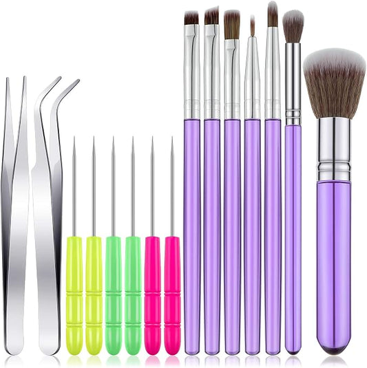 15 Pcs Decorating Brushes Tool Set, Include Cookie Pastry Brush Cookie Scriber Needles Sugar Stir Needles Elbow and Straight Tweezers for Biscuit Cake Fondant Decor Supplies(Purple)