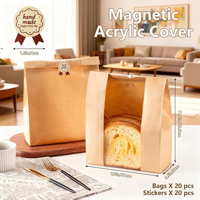 Upgraded Manual Bread Slicer for Homemade Bread with 20 Bags and Acrylic Cover, Adjustable Thickness Bread Cutter, Sourdough Slicer Serrated Blade with Scale Line and Suction Cup for Baguettes