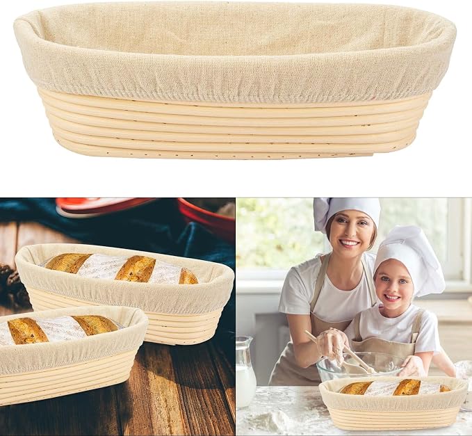 2 PCS 10 inch Oval Long Banneton Brotform Bread Dough Proofing Rising Rattan Basket & Liner for Professional & Home Bakers