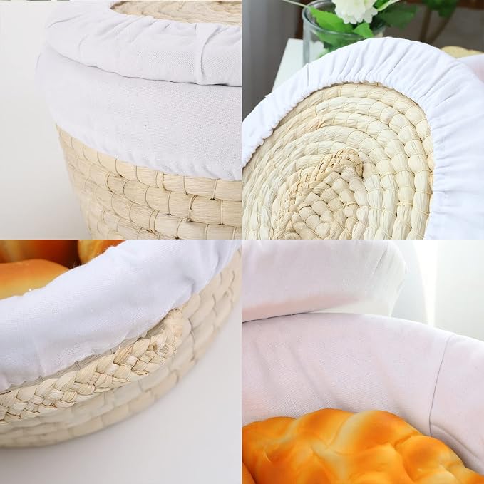YAHUAN Round Bread Basket Serving Woven Bread Baskets Wicker Baskets Sourdough Proofing Basket with Removable Liner and Cover (Corn husk)