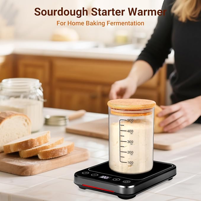 Sourdough Starter Warmer Mat, Sourdough Heating Mat for 24–40oz Jars, Precise 1°F Thermostat Control (70-100°F) Sourdough Warmer, 0-12 Hour Timer, Auto Shut-Off, Ideal for Home Baking