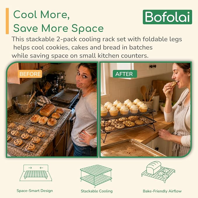 Cooling Racks for Baking 2 Pack, 17 x 11 Inch Black Collapsible Wire Racks with Folding Legs, Rust-Resistant Finish, Large Cookie Rack for Holiday Cookies, Bread and Small Kitchens