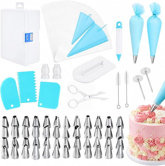 82 pcs Cake Decorating Kit,Baking Supplies Tools, | 48 Piping Tips,3 Cake Spatulas,1 Piping Shears,1 Smoother,2 Converters,20 Disposable Piping Bags+2 Reusable Pastry Bags