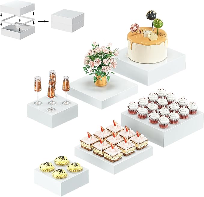 6 Pcs White Acrylic Boxes for Display as Buffet Risers and Stands, Food Risers for Party, Table, Stands, including 12", 12", 11", 11", 7.5", 7.5" (Extra Extra Large, 6Pcs, White)