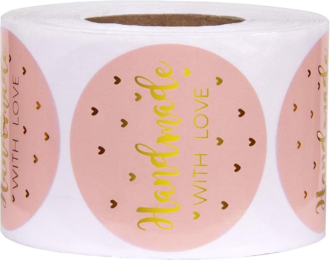 WRAPAHOLIC 2 Inch 500 Total Labels - Handmade Business Gift Sticker - Pink with Gold Foil Sticker for Shopping Small Shop Handmade