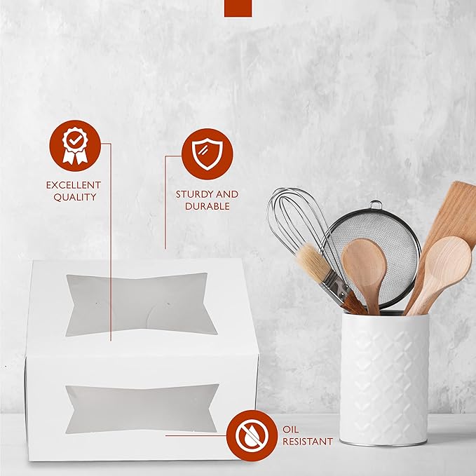 Fit Meal Prep 25 Pack Cake Boxes with Window 8 x 8 x 4 Inches Auto Pop-Up White Bakery Containers for Dessert, Cookies and Pastries, Treat Boxes Gift Packaging Boxes for Valentine's Day, Christmas