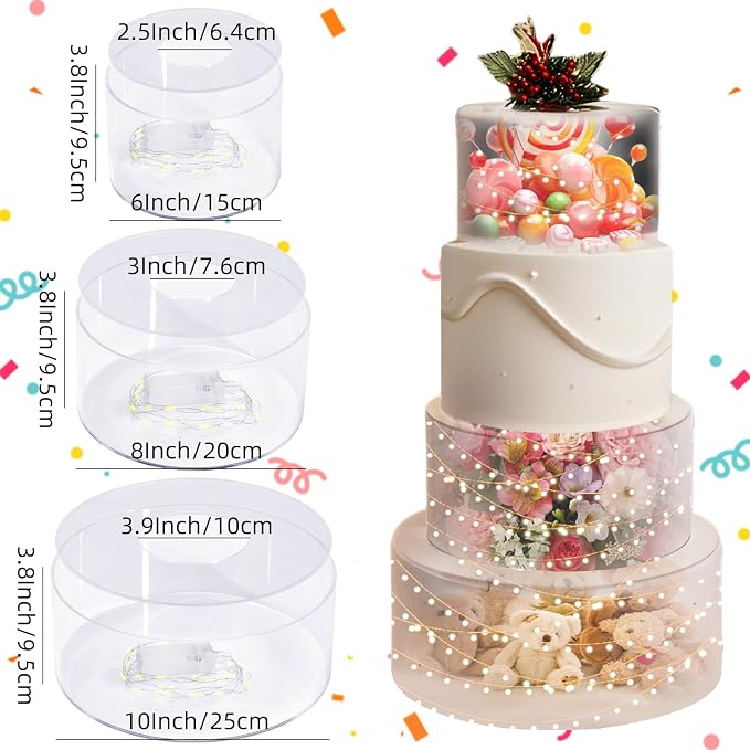 3 PCS Acrylic Clear Cake Stand Round 6 Inch 8 Inch 10 Inch Cake Display Stand with Lid Fillable Tier Cylinder Box for Wedding Birthday Baby Shower Party (Round)