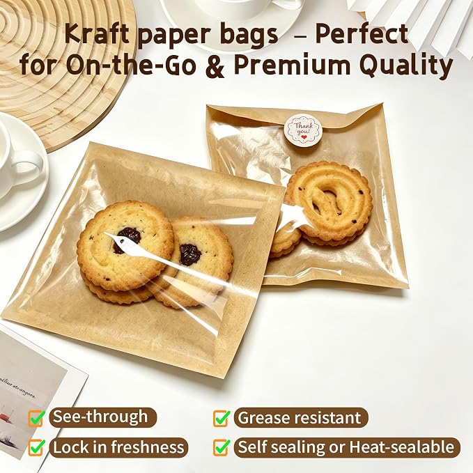Cookie Packaging Bags with Seal- 100PCS 5.7x6.5 Inch Paper Bakery Bags with Window,Heat Sealable&Grease Resistant To Go Bake Sale Sleeves for Snack,Brownie,Treat, Donut,Cake Slice, Scone