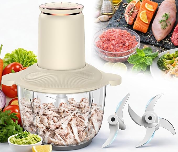 Food Processors 300W Electric Chicken Shredder Meat Grinder with Dual Blades and Full Copper Motor, 2L Food Chopper for Meat/Cooked Chicken Breast/Fish/Vegetable/Baby Food/Pet Food(Large) (2L)