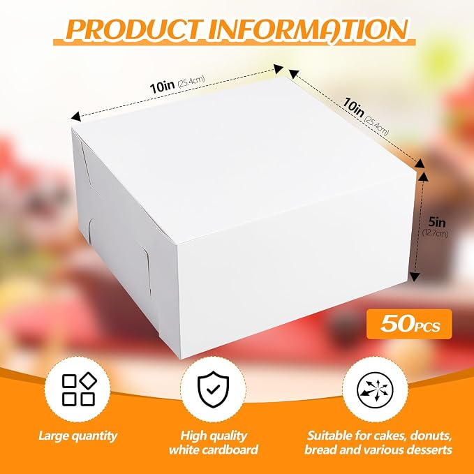 Ireer 50 Pack 10 x 10 x 5 Inch White Cake Boxes Cardboard Bakery Boxes for Pie Pastry Cookie
