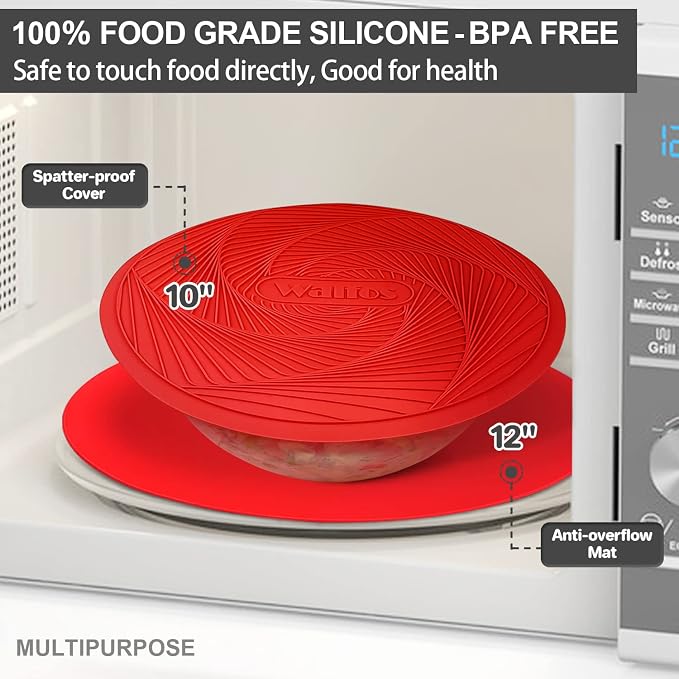 Walfos 12 10 Inch Silicone Microwave Mats, Microwave Splatter Cover for Food, Pot Holders for Kitchen, Non-Slip Heat Resistant Silicone Mats for Microwave, Oven, Hot Pan, Pot (Red)