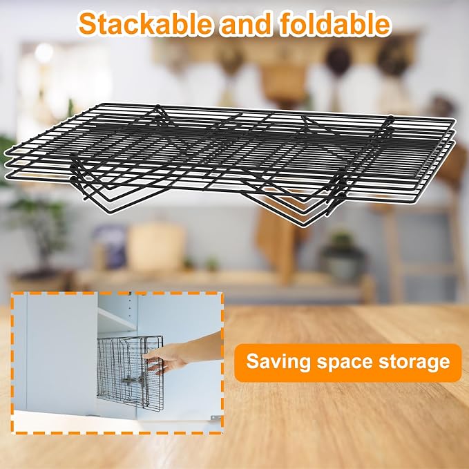 3-Tier Stackable Cooling Rack 13.4x9.4 Collapsible Baking Rack with Non-Stick Coating, Rustproof Heavy Duty Iron Wire Racks for Cooling, Baking, Grilling, Oven & Dishwasher Safe