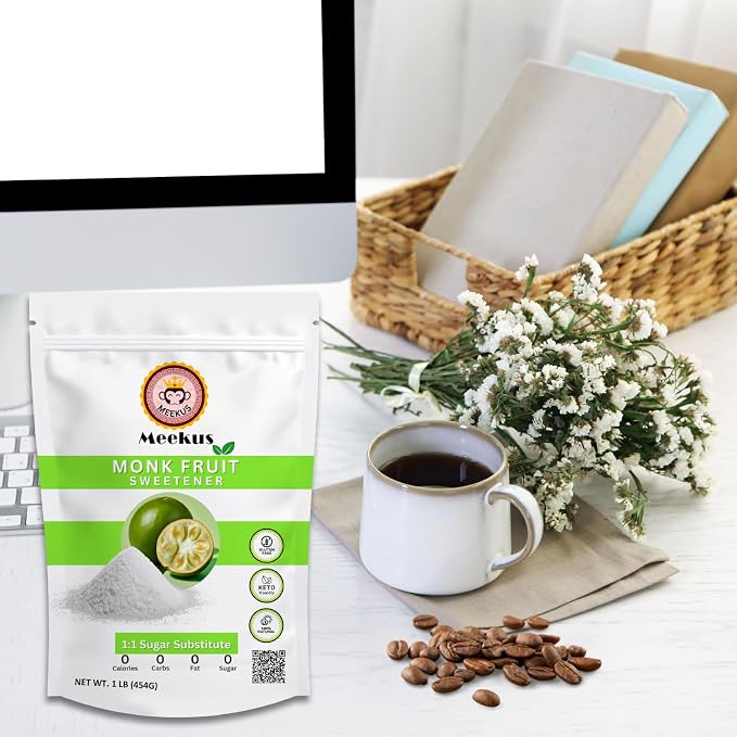 Meekus Natural Monk Fruit Sweetener w/Erythritol - Classic Monkfruit Extract Powder,Zero Calorie Sugar Substitute,Keto Diet Friendly for Baking,Coffee,Tea,Vegan Sugar Replacement,Gluten Free,White