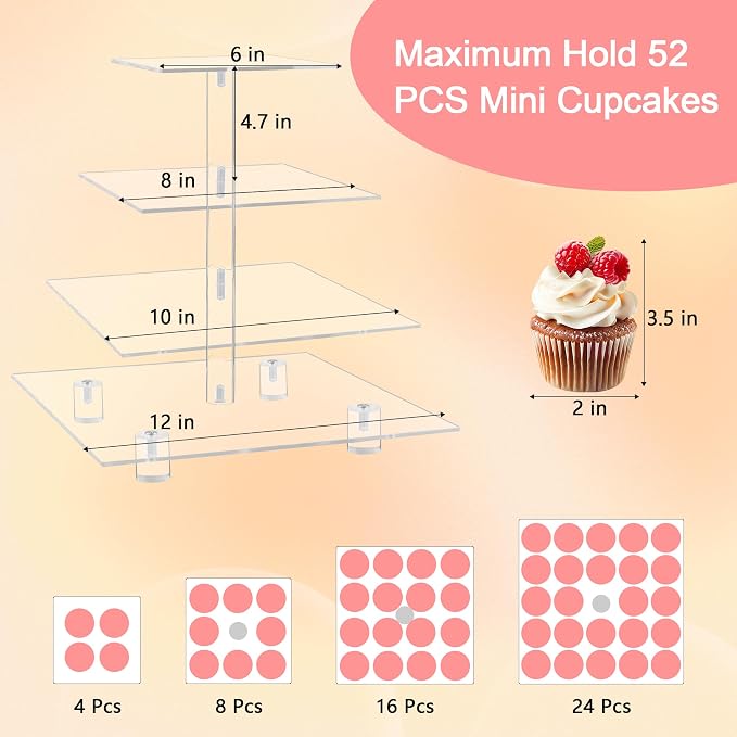 YestBuy 4 Tier Acrylic Cupcake Stand with Base, Premium Cupcake Holder, Acrylic Cupcake Tower Display Cady Bar Party Décor – Display for Pastry(4.7" Between 2 Layers)…