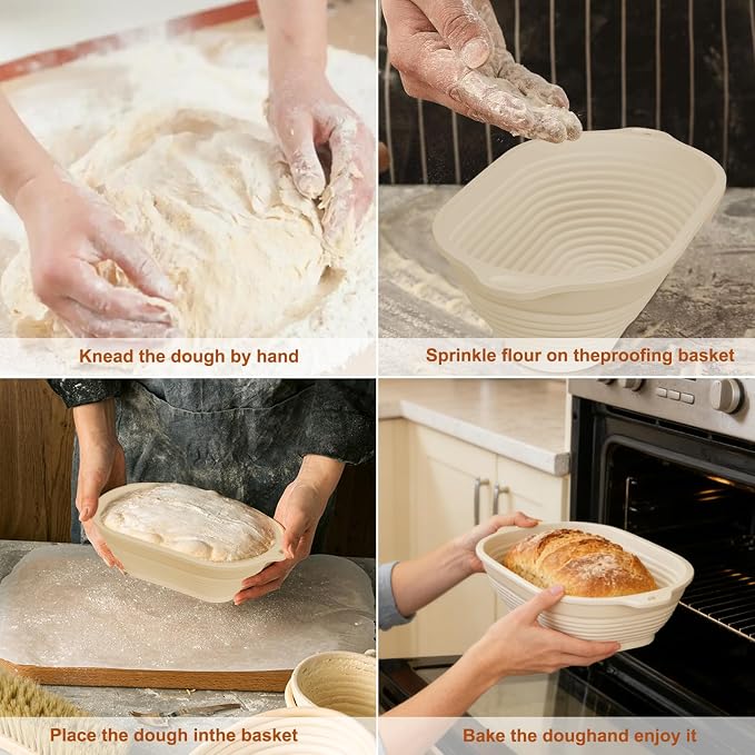 4 Pcs Upgraded Silicone Banneton Bread Proofing Basket with Handles - Reinforced Rim Support, 10" Oval Foldable Bowls for Sourdough Bread Baking, Oven & Dishwasher Safe-BPA Free