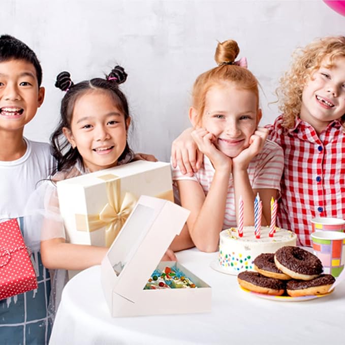 RIFMEAE Cookie Boxes, 14" x 10" x 2.5" White Bakery Boxes with Window, Auto-Popup Treat Boxes, Pastry Boxes for Cookies, Donuts, Muffins and Strawberries [ Pack of 15 ]