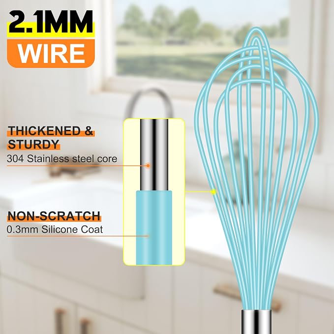 HOTEC 4 Pieces Silicone Whisks Set, Wire Balloon Whisks for cooking Egg Beater, Non-slip Handle Whisk for Non-stick Cookware Perfect for Cooking, Stirring, Beating and Blending,Blue