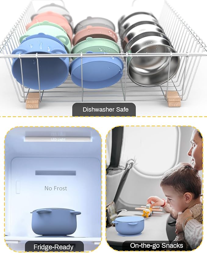 Bakpoco Baby Suction Bowls with Lids 4-Pack, 2-in-1 Stainless Steel 304 Toddler Bowl & Removable Silicone Suction Kids Bowl Plate Set Non Toxic Snack Dishes for Self-Feeding, Sunrise Meadow