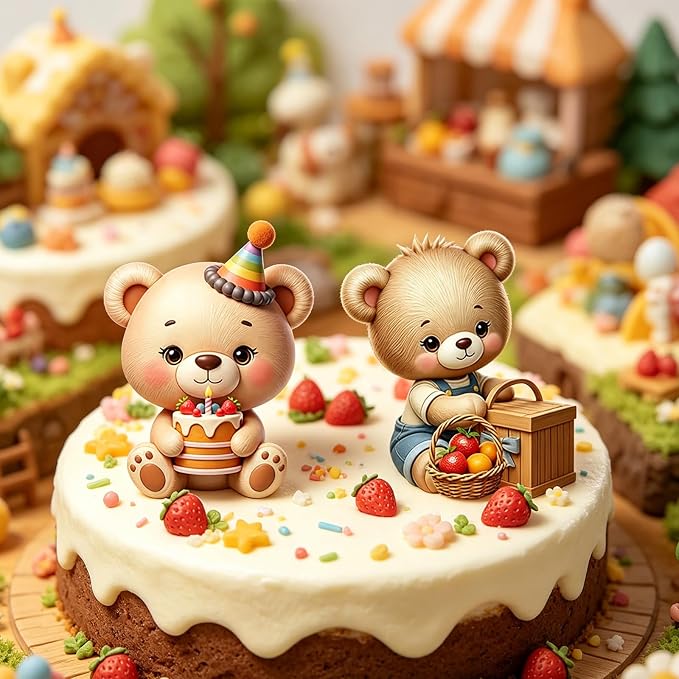 2Pcs 3D Cute Teddy Bear Silicone Fondant Molds, Birthday Party Picnic Bear Chocolate Candy Mold for Baking, Cake Decorating, Gum Paste, Cupcake Toppers, DIY Crafts, Easy Demold Pastry Tool