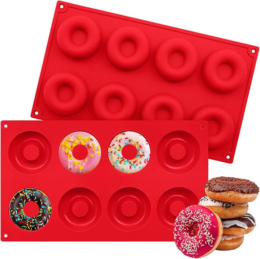 2er Pack Silicone Donut Mold - Non-Stick Silicone Doughnut Pan DIY Chocolate Baking Cookie Molds, Heat Resistant, Make Donut Cake Biscuit Bagels, BPA Free Dishwasher Safe (red, 8 Cavities)