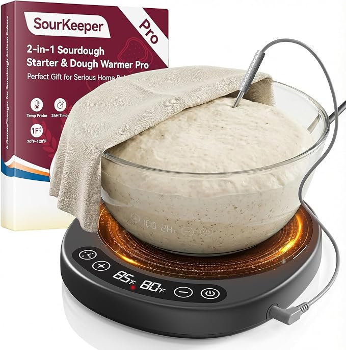 SourKeeper, Larger 2-in-1 Sourdough Starter Warmer Pro - 2026 Upgrade Larger Heating Plate, Dough Temp Probe, 1°F Control (70–110°F), 24H Timer, Real-Time Monitoring Black
