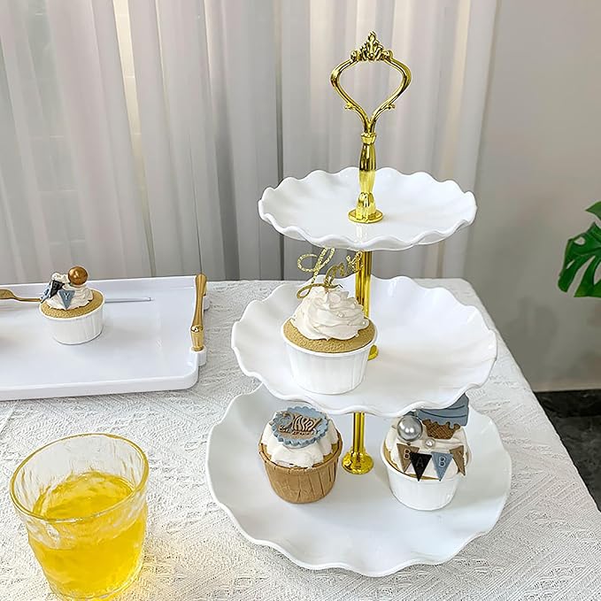 2 PCS 3 Tier Cupcake Stand Holder, Plastic Cupcake Holder Towel with Multiple Layers of Trays, Used for Cupcakes, Donuts, Fruits, Etc., White (White+Pink)