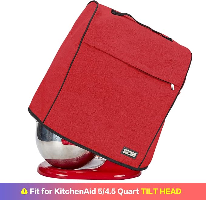 HOMEST Stand Quilted Mixer Cover with Zip Pocket for Kitchen Accessories | Fits KitchenAid 5/4.5 quart mixers, zipper pocket stores attachments and kitchen accessories, Red